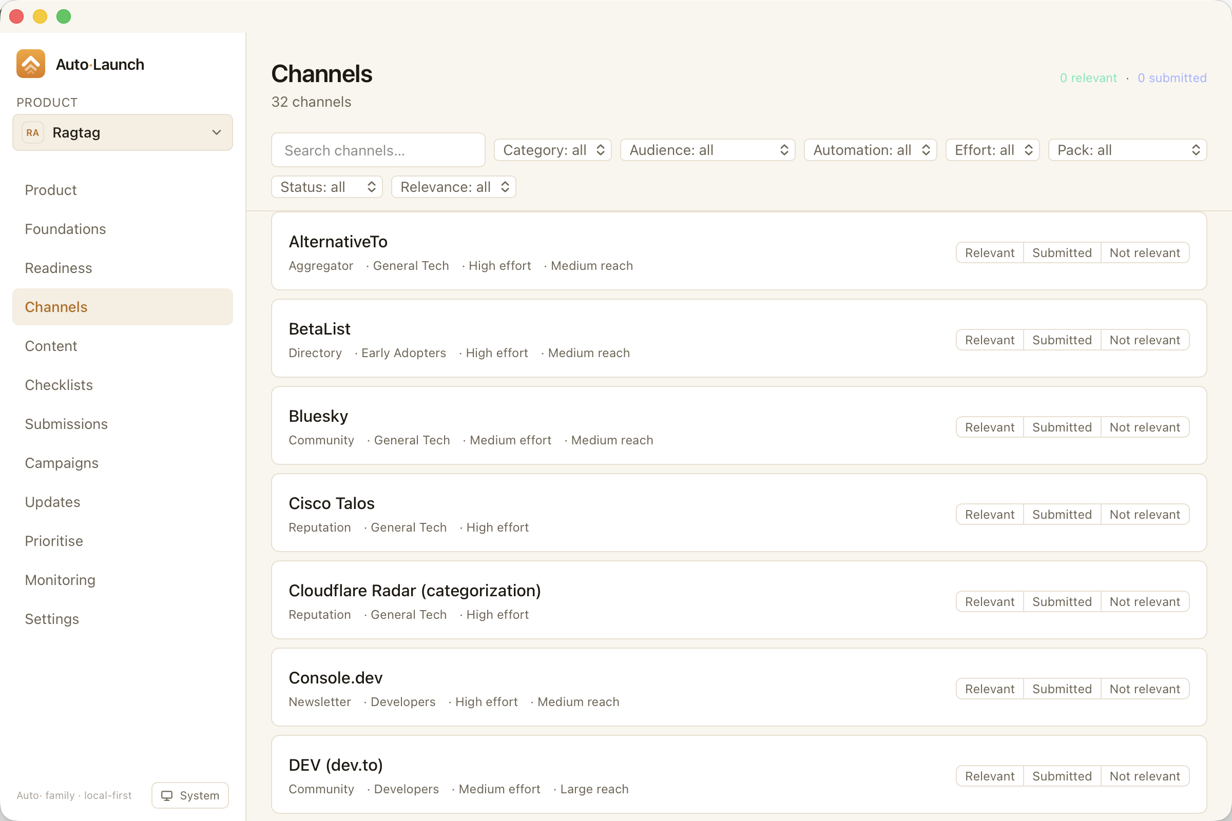 The Auto·Launch desktop app showing its curated database of distribution channels, each with category, audience, effort and reach, ready to mark relevant or submitted